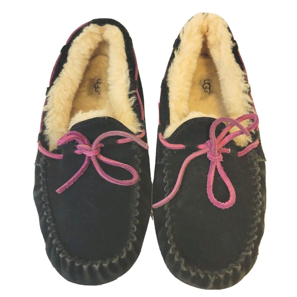 UGG Dakota Black Suede Moccasin Slippers Shearling Lined Women Size 5